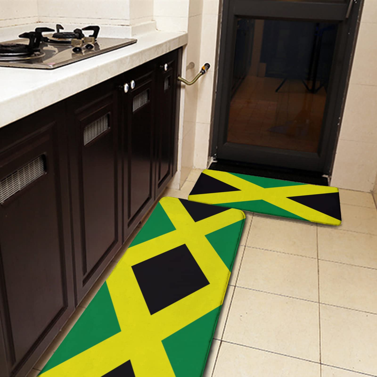 YouTary Jamaican Flag Pattern Kitchen Rug Set 2 PCS Floor Mats Washable Non-Slip Soft Flannel Runner Rug Doormat Carpet for Kitchen Bathroom Laundry