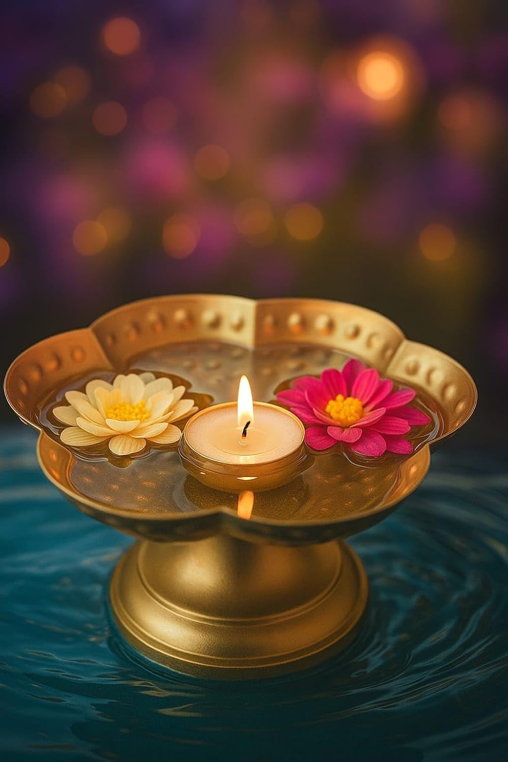 Gold Urli Bowl with Tealight & Floating Flowers – Decorative Metal Candle Holder for Diwali, Pooja & Festive Home Décor-image-43