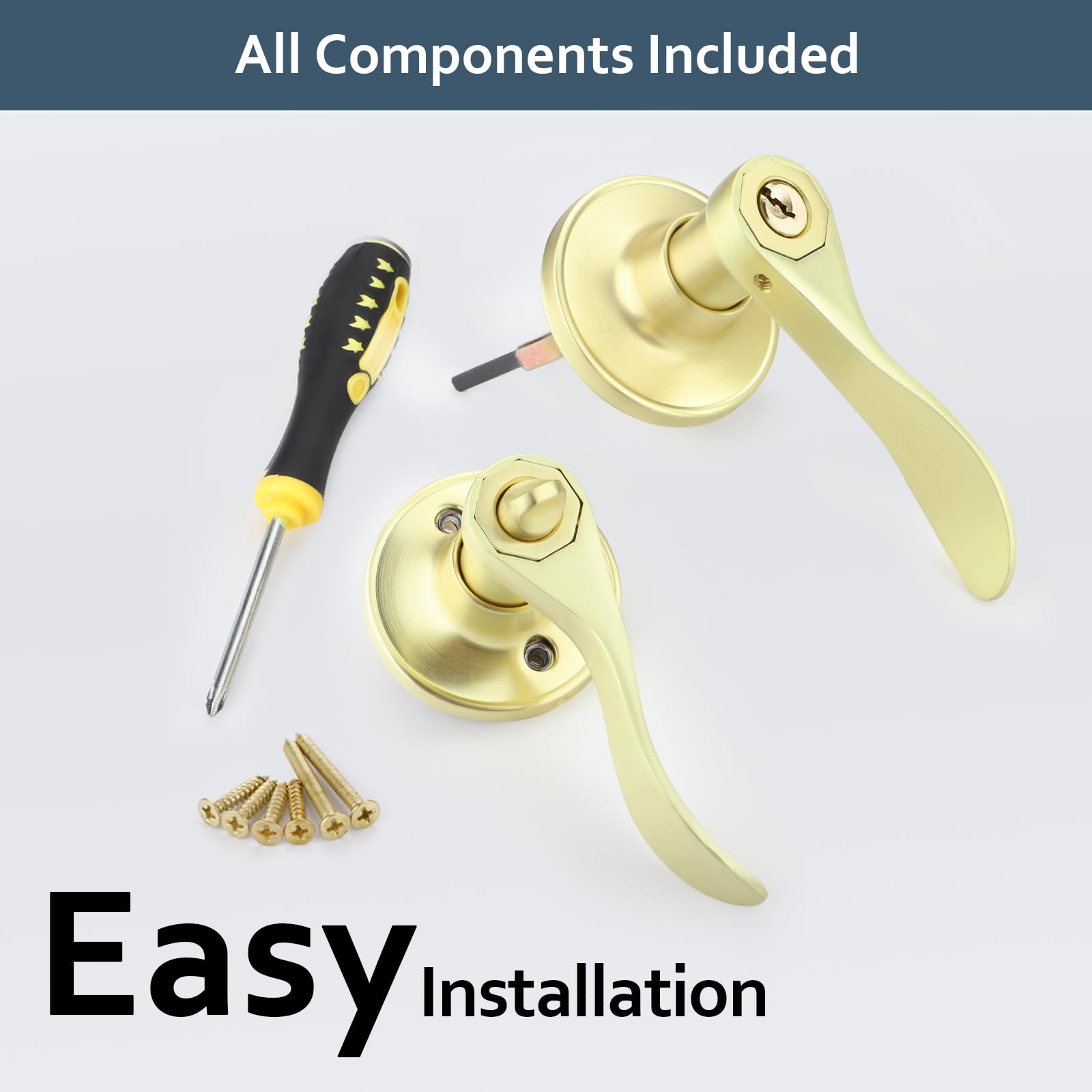 EHOMEWARE 2 pomos de puerta de entrada con llave igual con cerradura y llave, manijas de puerta de latón satinado dorado interior, manijas de puerta de latón satinado exterior, manijas de puerta a