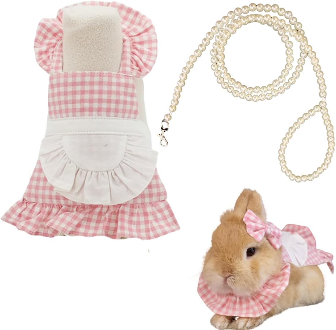 Rabbit Harness and Leash with Lovely Bow Tie - French Maid Style Bunny Harness Escape Proof for Walking Running Hiking Camping Outdoor - Cute Small Animal Harness Leash Set (Pink,Medium)