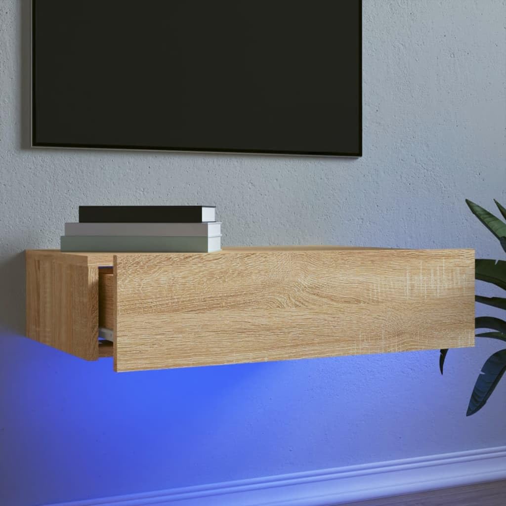 Canditree Floating TV Cabinet with LED Lights, 60 cm Floating TV Stand with Storage Drawer, Floating TV Shelf Wall Mounted Entertainment Center (Sonoma Oak)