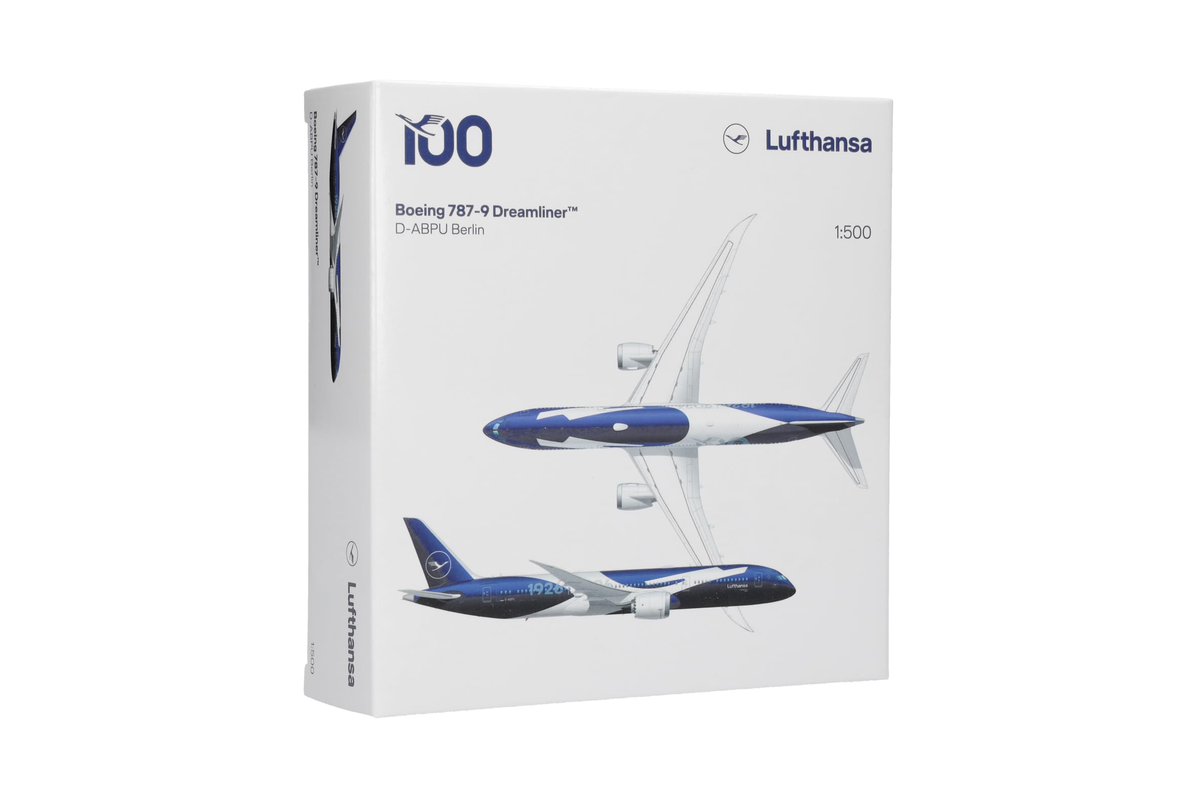 Herpa Miniatura del avión Lufthansa Boeing 787-9 Dreamliner 100 años, Escala 1/500, Modelo prefabricado, maqueta de colleción, modelismo, Avion sin Soporte, Figura Metal