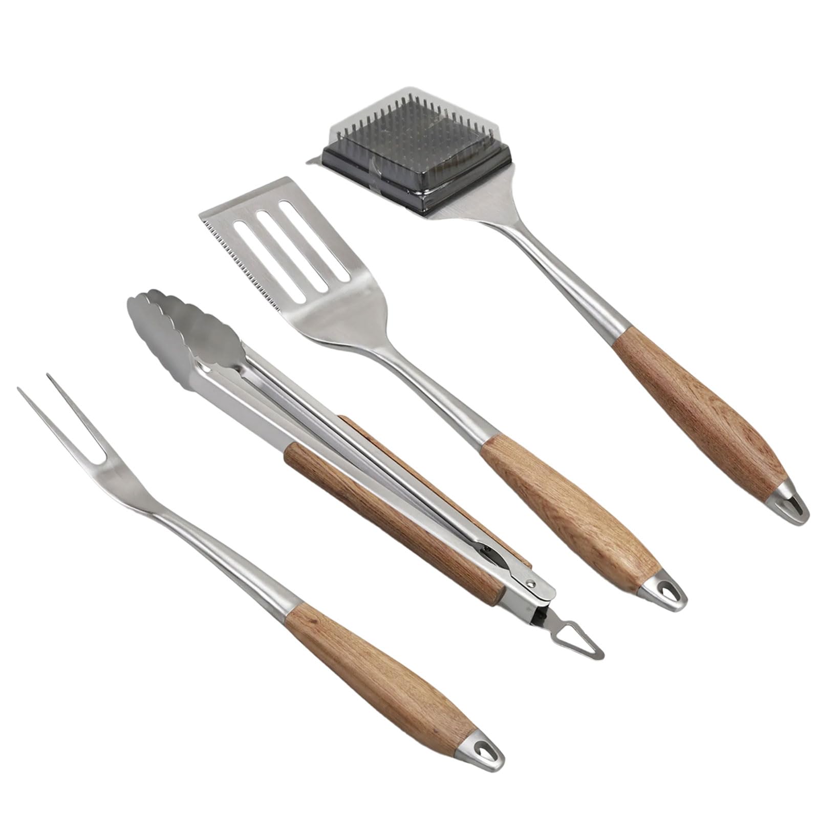 Grillbesteck Set Grillen Freien, Grillbesteck aus Edelstahl mit Holzgriffen und Kochkontrolle mit großer Reichweite, Grillbesteck Set aus Edelstahl, Grillbesteck aus Holz