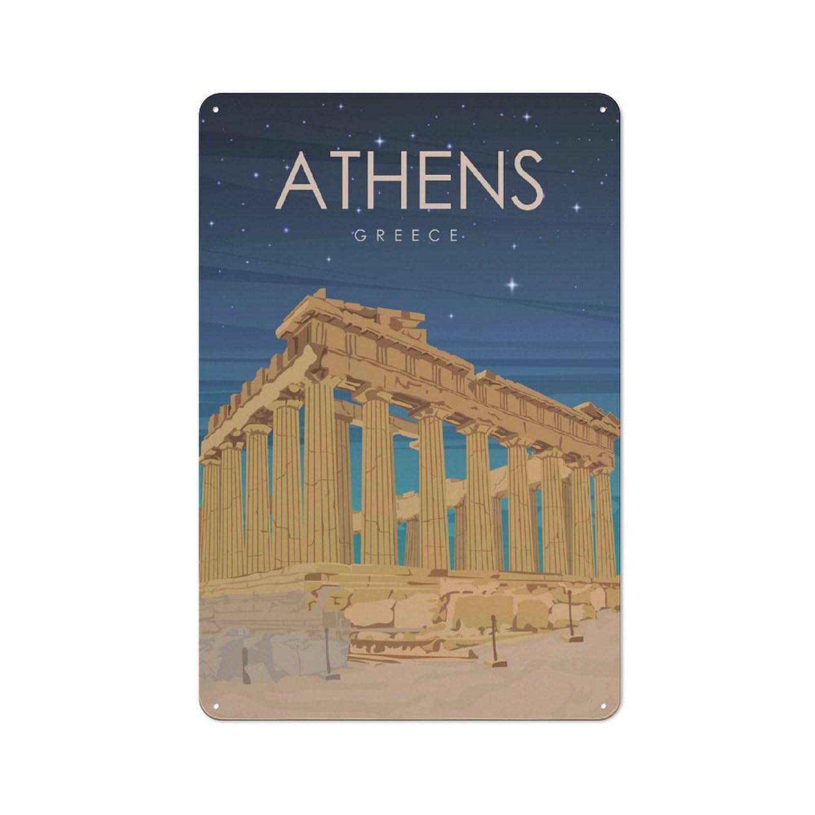 Junmoney Style-24 Athens Greece At Night Rustic Metal Plaque 30X20cm For Garage Or Workshop, For Kitchen, Dining Room And Home Bar Wall Decor
