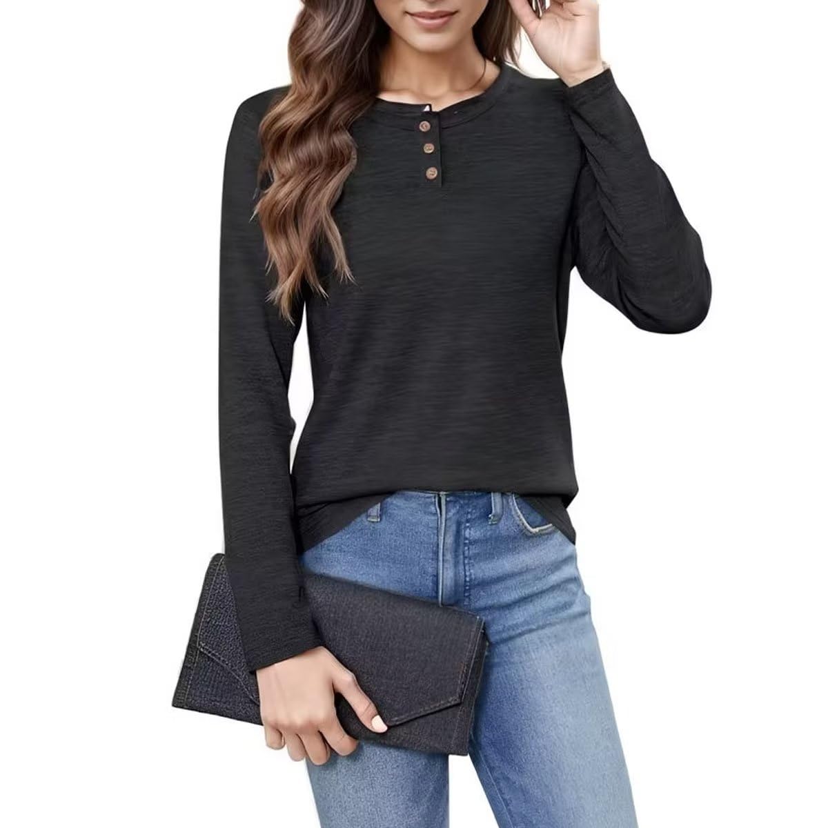 Womens Blouses Button Down Collar Long Sleeve Henley Shirts Loose Tunic Tops Fall T Shirt