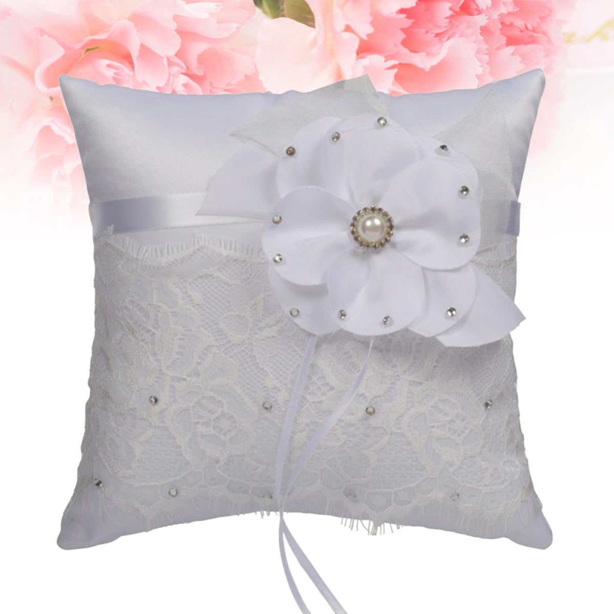 Wedding Lace Ring Bearer Pillow Cushion with Crystal Pearl Decor 20x20cm