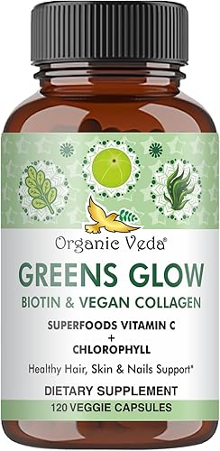 Miniatura 1 de Organic Veda Super Greens Glow Cápsulas con biotina, colágeno vegano, vitamina C y E, ácido hidráulico, clorofila, suplemento dietético
