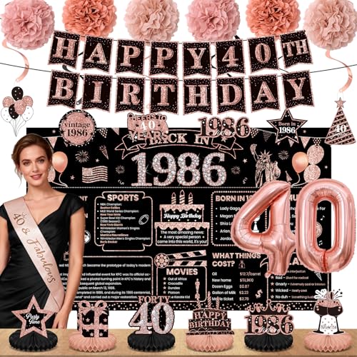 40th Birthday Decorations for Women Rose Gold 1986 Happy 40th Birthday Decorations 40 Years Old Decoration Include Banner Backdrop Balloon Sash Centerpiece Hanging Swirls Pompoms Decor