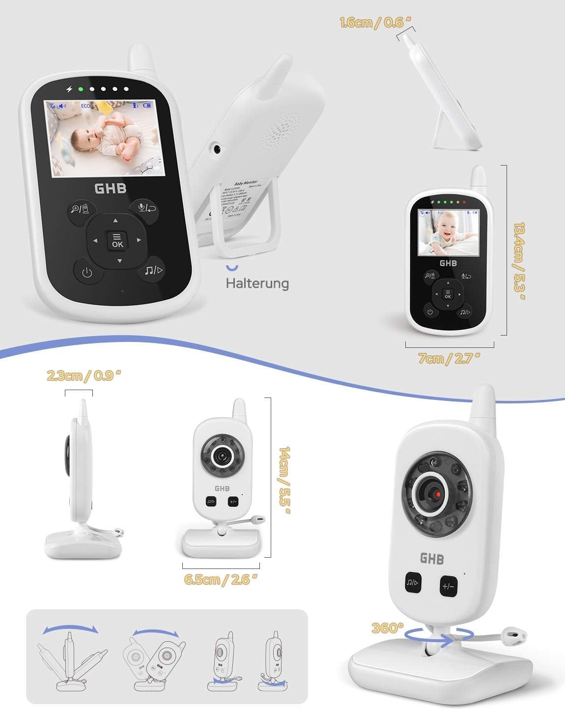 GHB Babyphone mit Kamera Video Baby Monitor 2,4 GHz Gegensprechfunktion ECO Modus Nachtsicht Temperatursensor Schlaflieder Lange Akkulaufzeit, 480p