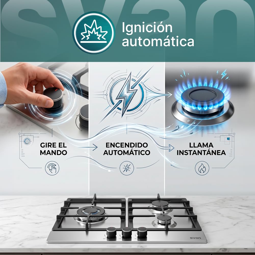 Svan Gaz OG36B00, 3 Brûleurs, Allumage Automatique, Commandes Rotatives, Grilles en Fer Forgé, Sécurité FFD, Installation Intégrée, Nettoyage Facile, Finition en Acier Inoxydable, Diamètres 5