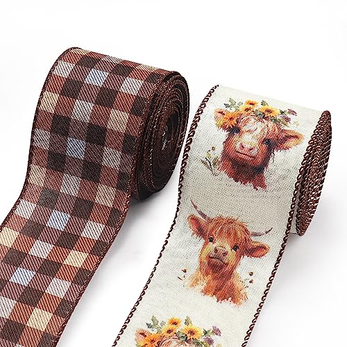 Estivaux 2 Rolls Alpine Cattle Ribbons for Crafting, Spring Wired Edge Ribbon Natural Buffalo Plaid Ribbon Bow Autumn Calf Farmhouse Ribbon for Gift Wrapping Birthday Wedding Decorations Supplies