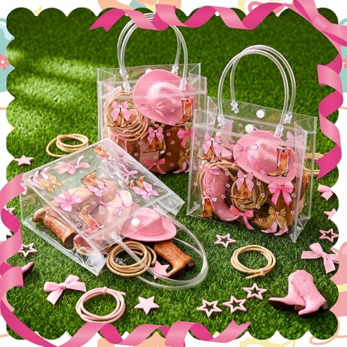 Image of Teenyyou 24 Pcs Coquette Cowgirl Clear Gift Bags Western Boots and Pink Bow Print Transparent Tote Bags, Reusable PVC Handbags for Cowgirl Theme Party, Bachelorette, Birthday, Bridal Shower