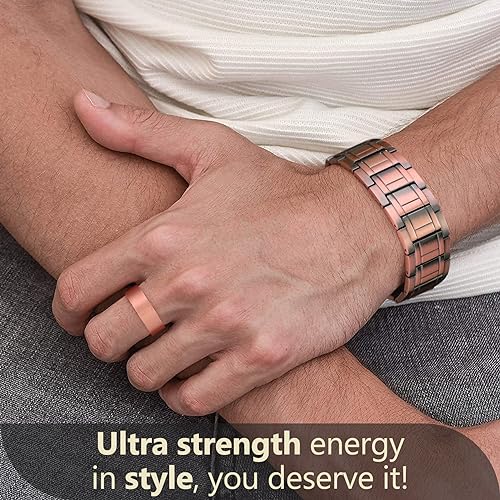 Image of Feraco Copper Magnetic Bracelets for Men,Pure Copper Jewelry Gift | 3X Strength Neodymium 57 Magnets,Powerful 3500 Gauss,Adjustable Length