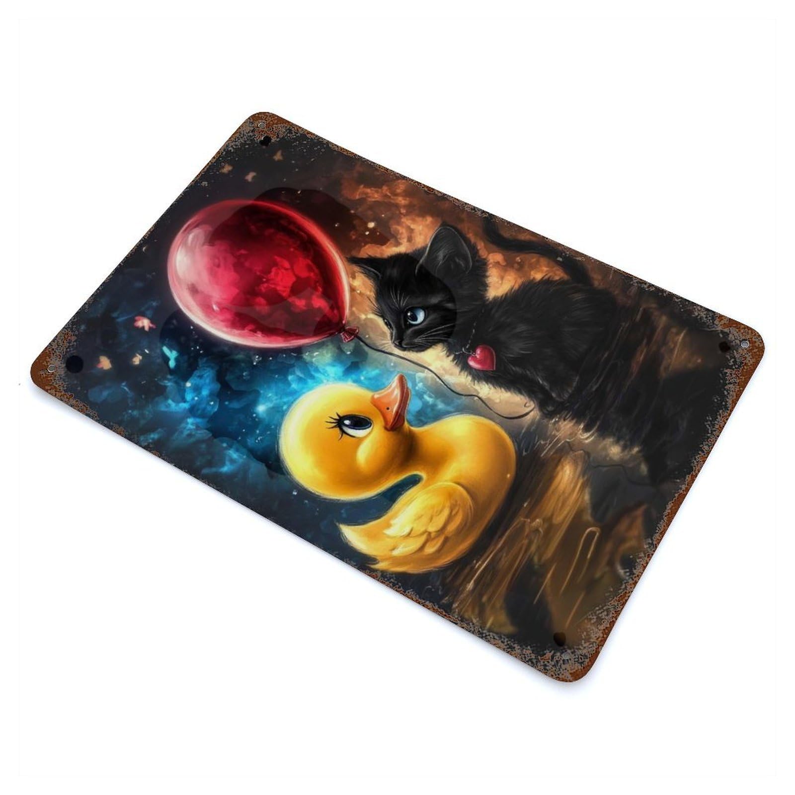 Rubber Duck And Kitten Vintage Wall Sign 11.8"x7.9", Rust Effect Metal Decor for Cafe, Home Bar And Lounge Decor
