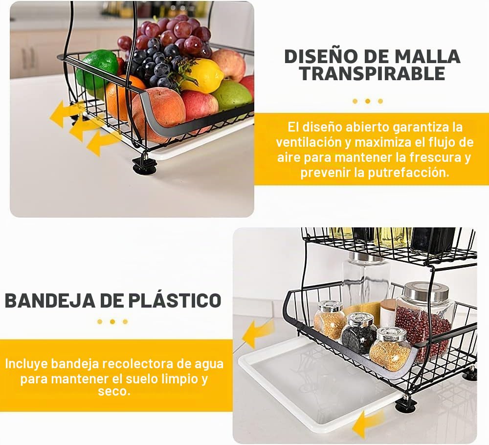 Cesta de frutas de 4 pisos, cestas de verduras para frutas y cestas de almacenamiento apilables de metal con ruedas adecuadas para la cocina, despensa y aseo