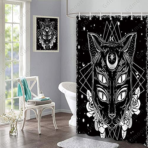 Gdmoon Egyptian Cat Shower Curtain Ancient Black Cat Pet Animal Mystic Wizard Divination Astrolabe Moon Starry Sky Tarot Theme Demon Eye Bathroom Curtain Set 12 Hooks 72X72In Ylwhgd1185 #TOP4