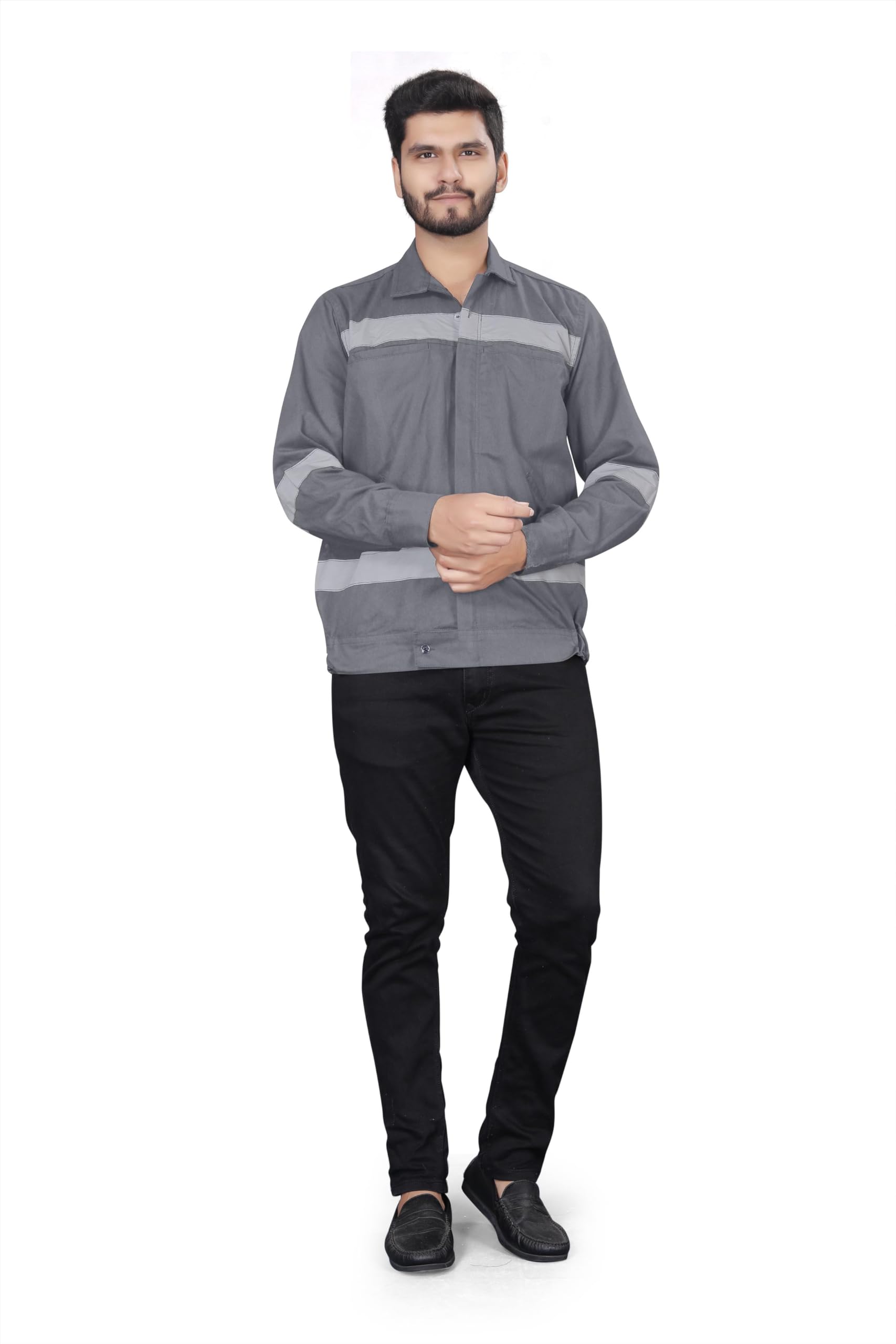 AREEVANZ Industrial Worker Workwear Full Sleevs Safety Jacket for Men's, Engineer, Supervisor with high visible reflective two inch double line tape & 240 Gsm Cottton (Front Site Four Pocket)