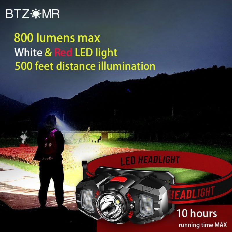 Miniatura 3 de 2 faros, faro LED blanco y rojo, ajustable de 70 hacia arriba y hacia abajo, 4 clips, interruptor de movimiento, 800 lúmenes, distancia de 500 pies