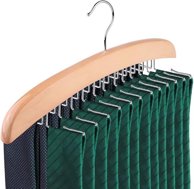 SunTrader Wooden Tie Hanger,24 Tie Organizer Rack Hanger Holder Hook (Beige, 24 hooks)
