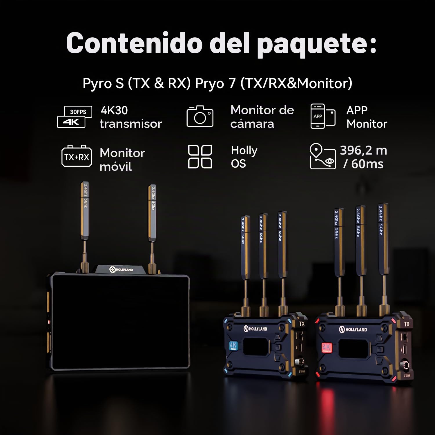 Hollyland 4K Video Transmit Family - Transmisor Receptor Inalámbrico Pyro S (TX&RX) y Transmisor/Receptor/Monitor Inalámbrico Pyro de 7 Pulgadas (1 Set)