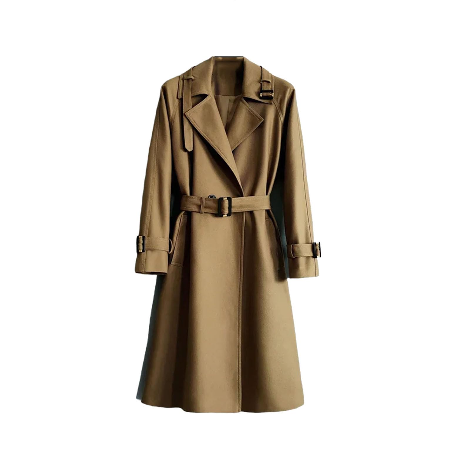 Womens Spring Vintage Solid Color Long Trench Coat Loose Outerwear Big Pocket Belt Double Breasted Windbreaker