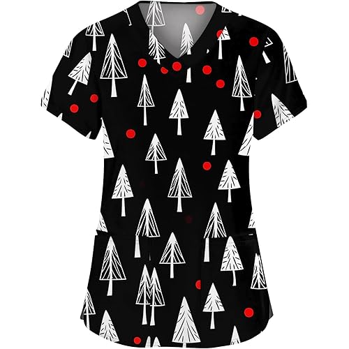 HXHYQKP Cute Scrub Tops Stretchy Short Sleeve V Neck Cartoon Print Pattern Nursing Working Uniform Caregiver Top