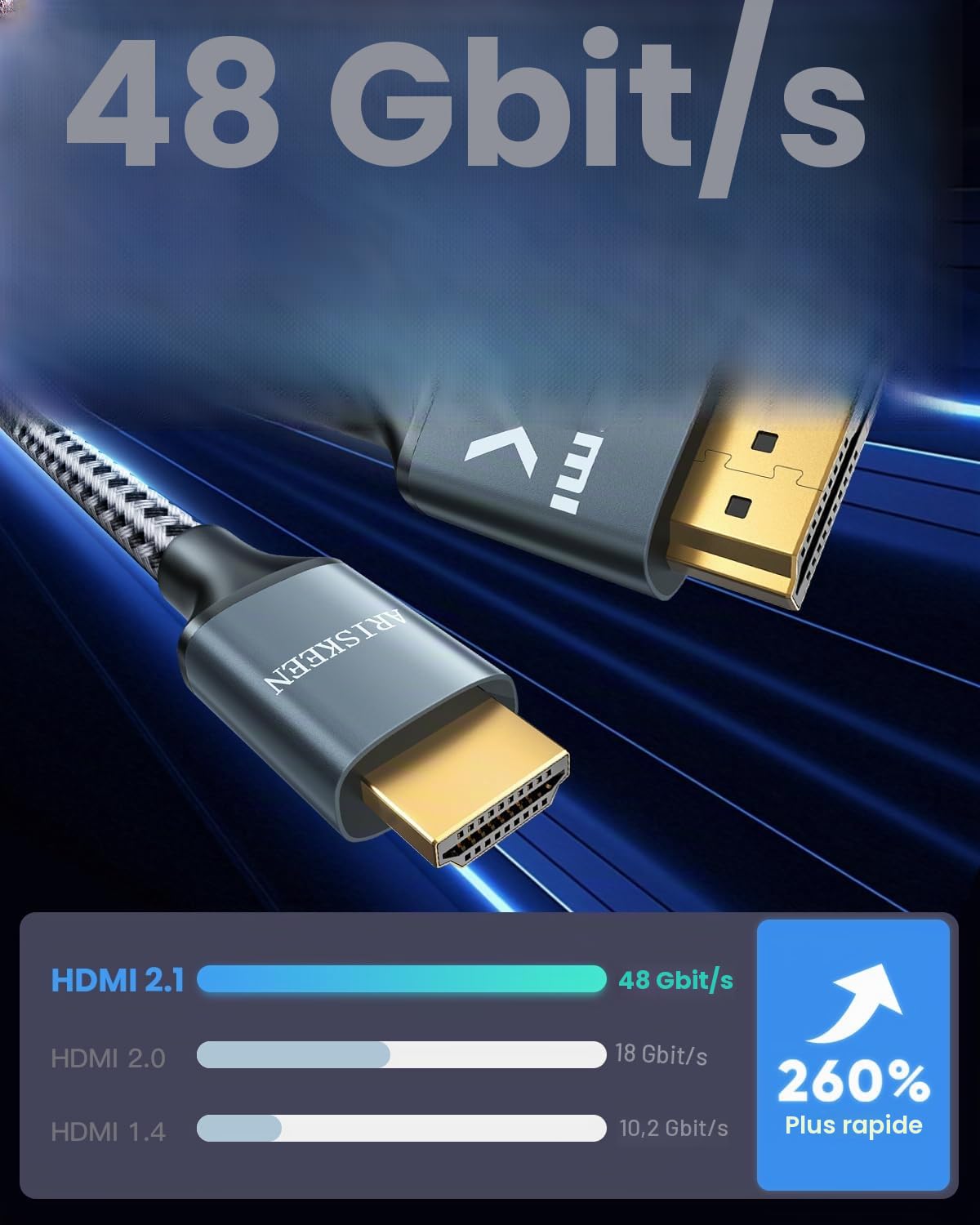 ARISKEEN Câble HDMI 2.1 8K 10M, 48Gbps Câble HDMI Tressé en Nylon Haute Vitesse, Prend en Charge 8K@60HZ, 4K@120Hz, Compatible avec PS5/4 TV Switch Monitor Blu-ray Soundbar
