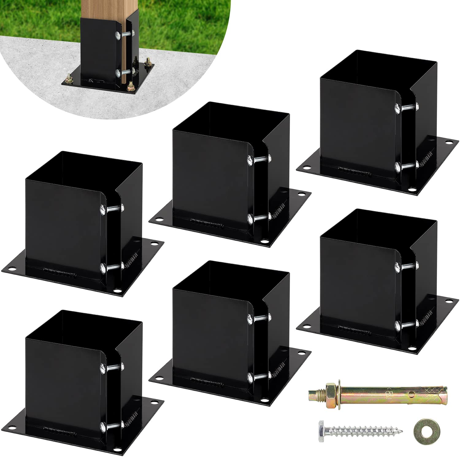 KT MART Post Base, 6x6 Inch Post Bracket, Fence Post Anchor Base, Deck Post Base, Post Anchor, Heavy Duty Deck Post Bracket, Powder Coated Steel Deck Post for Deck Railing - 6 Pack - Black Color