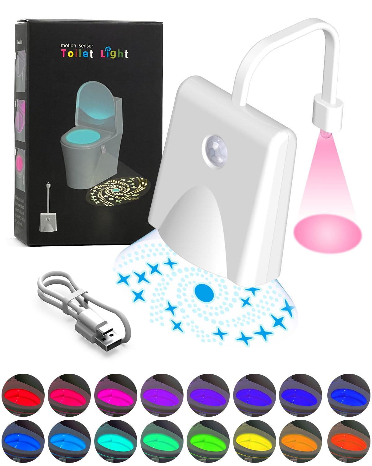 Rantizon Toilet Light - 2024 Upgraded USB Rechargeable Motion Activated Toilet Seat Light Sensor, 16 Color Waterproof Cool Gadgets for Men