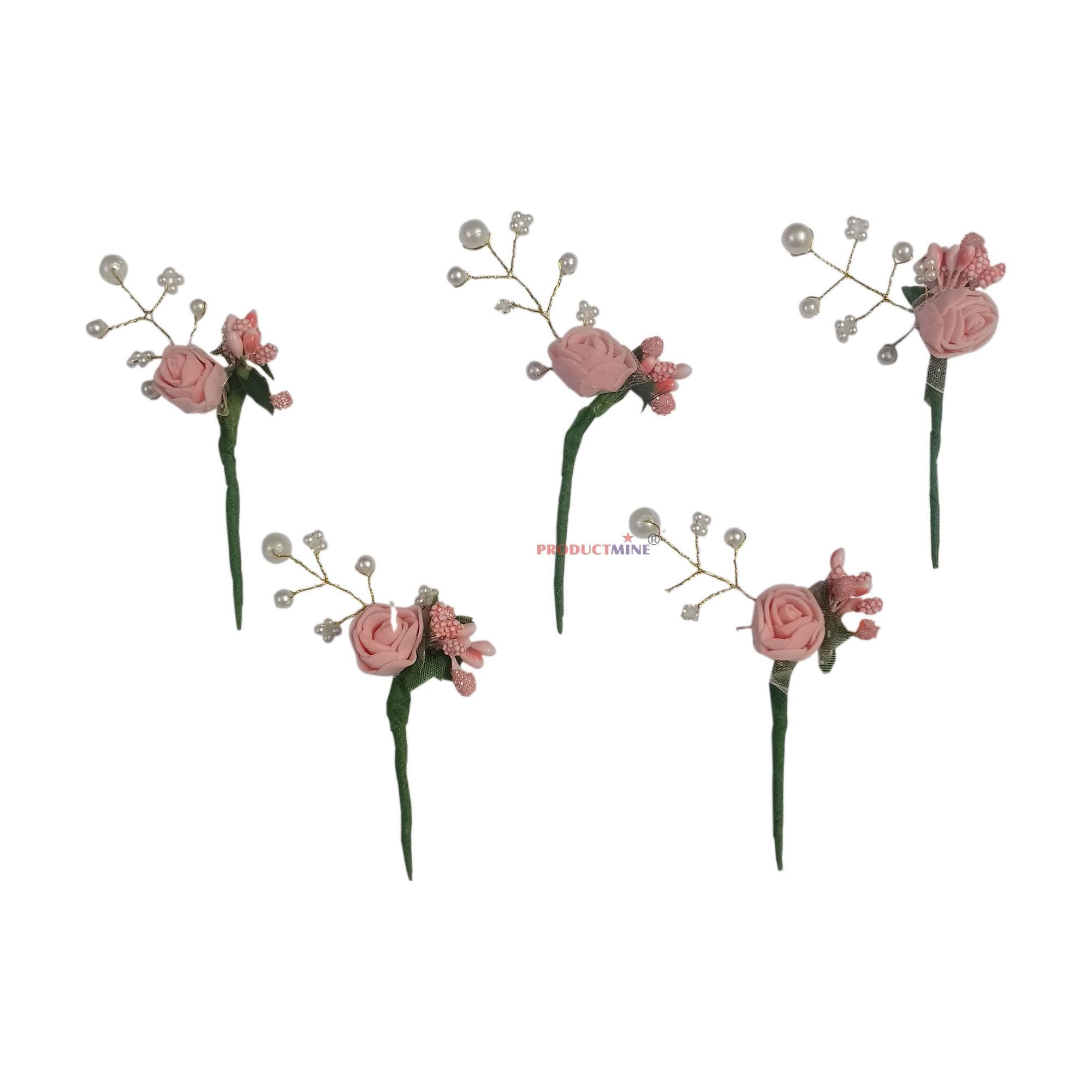 Bridal Hair Bun Pin Accessories/Fancy Golden Juda Pins with Artificial PEACH Rose for Women and Girls - Set of 5 PCs-image-25