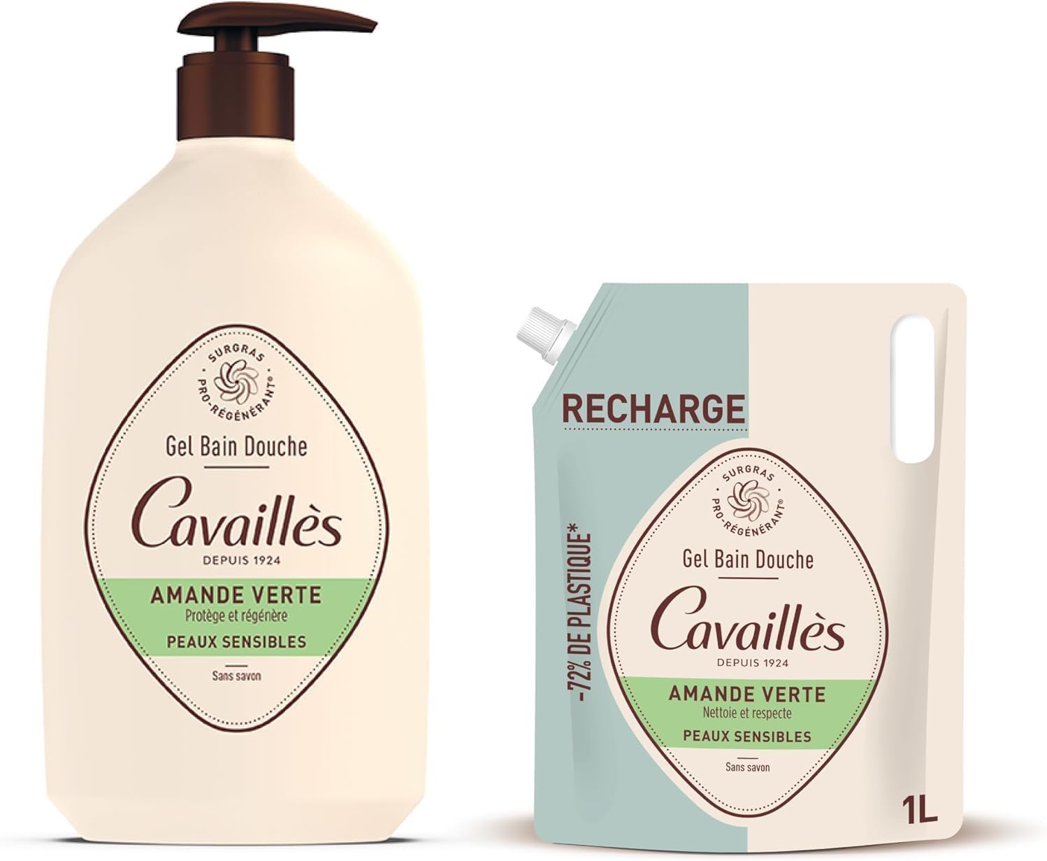 ROGÉ CAVAILLÈS | Gel Bagno Doccia Mandorla Verde + Eco-ricarica | Detergente delicato | Per pelli sensibili | Senza sapone | 84,5% di origine naturale | Per tutta la famiglia, dai 3 anni | 2x1L