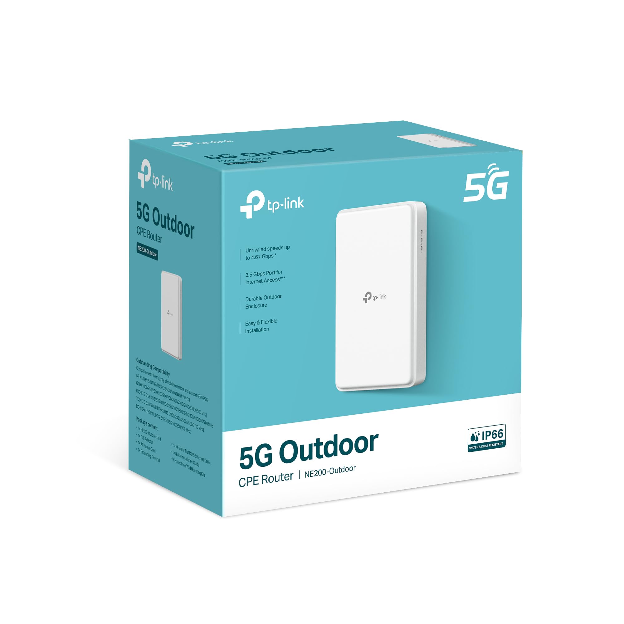 TP-Link NE200-Outdoor Router 5G con SIM de Exterior, Velocidad de Descarga 5G hasta 4.67Gbps, 4G CAT19 hasta 1.6Gbps, Puerto 2.5GE, soporta PoE pasivo y 802.3af/802.3at, IP66, Montaje Flexible
