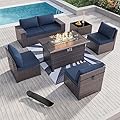 Kullavik 7 Pieces Outdoor Patio Furniture Set with 43" 55000BTU Gas Propane Fire Pit Table PE Wicker Rattan Sectional Sofa Patio Conversation Sets,Navy Blue