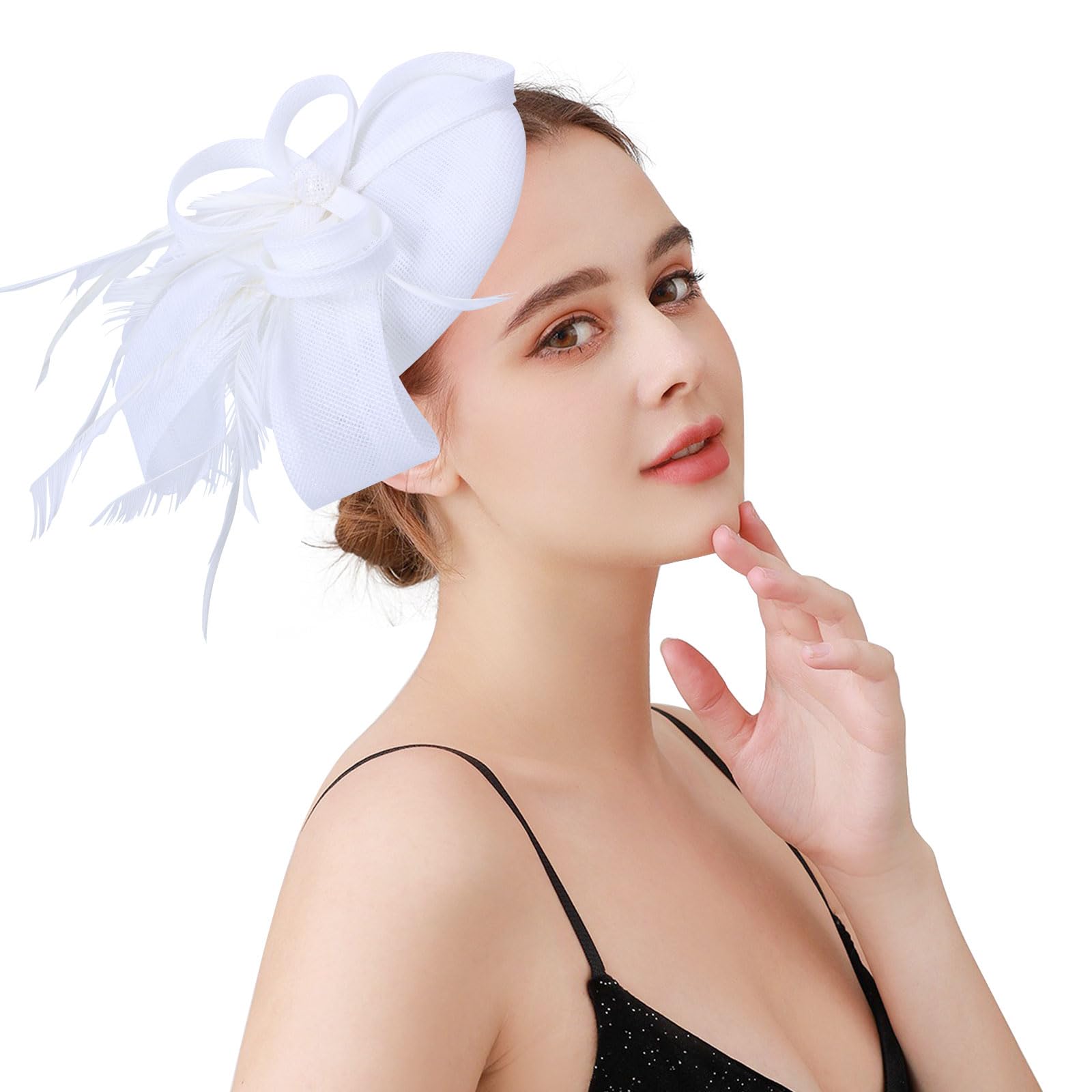 Risipu Women's White Fascinators Feathers Tea Party Hat,Veil Headband With Hair Clip For Cocktail Wedding Church (Uk, Alpha, One Size, )