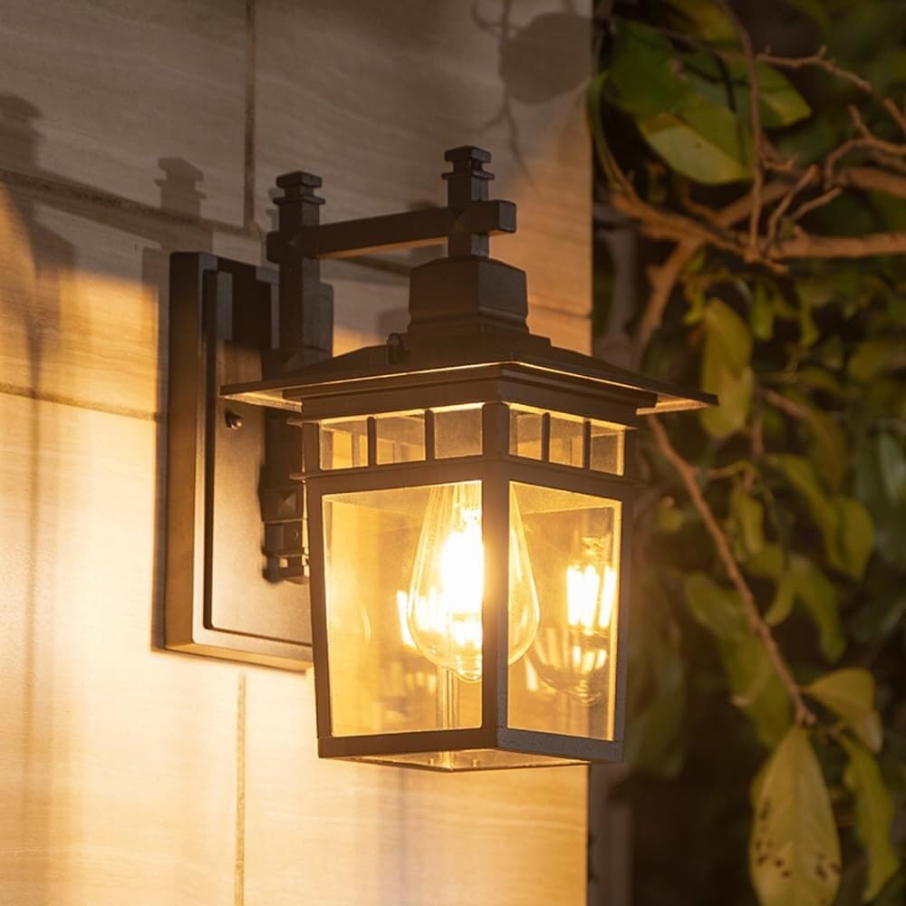 Wejścia Lampa Zewnętrzna Kwadratowa Czarna Zewnętrzna Lampa Ścienna Wodoodporna Szklana Latarnia Vintage Kinkiet Ścienny Aluminiowa Do Ogrodu Oświetlenie Ogrodu(4 Pack)