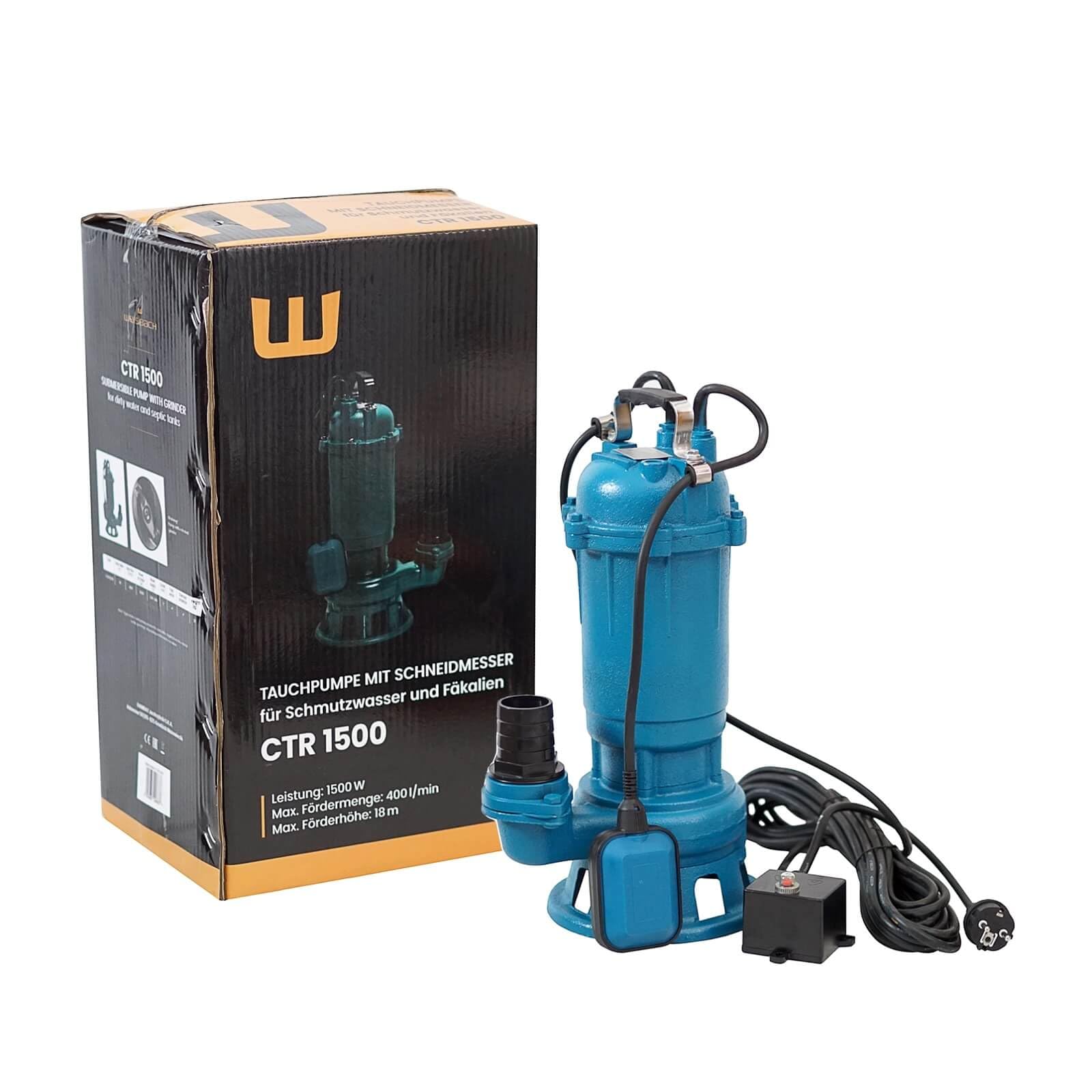 WEISBACH Professional CTR 1500 W, wydajna pompa głębinowa, pompa do fekaliów, pompa do brudnej wody z rozdrabniaczem i pływakiem, 24000 l/h + 2" sprzęgło sztorcowe + wąż C 30 m