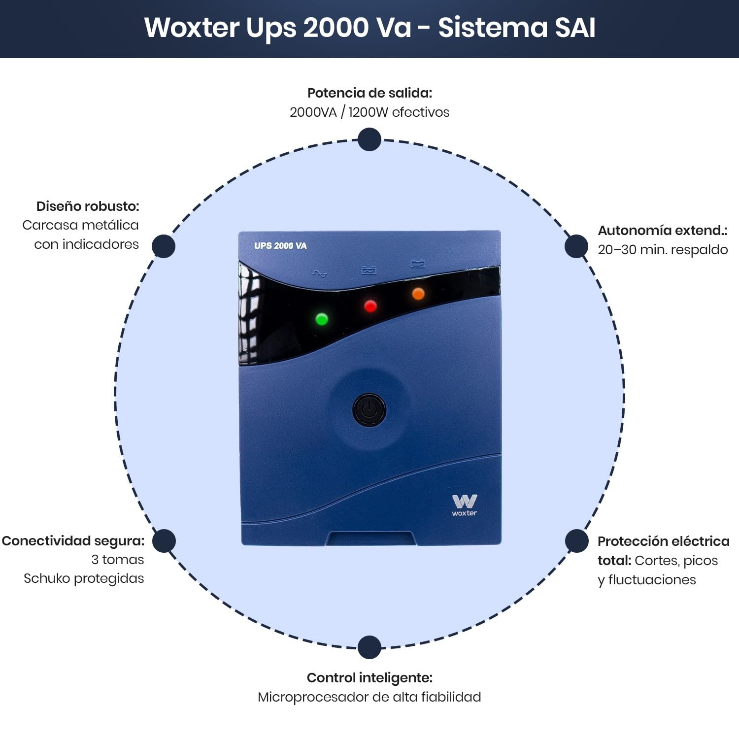 Woxter UPS 2000 VA - Sistema de alimentación ininterrumpida (SAI)(2000VA/1200 Watts, Autonomía Aprox 20-30 Minutos), Color Azul