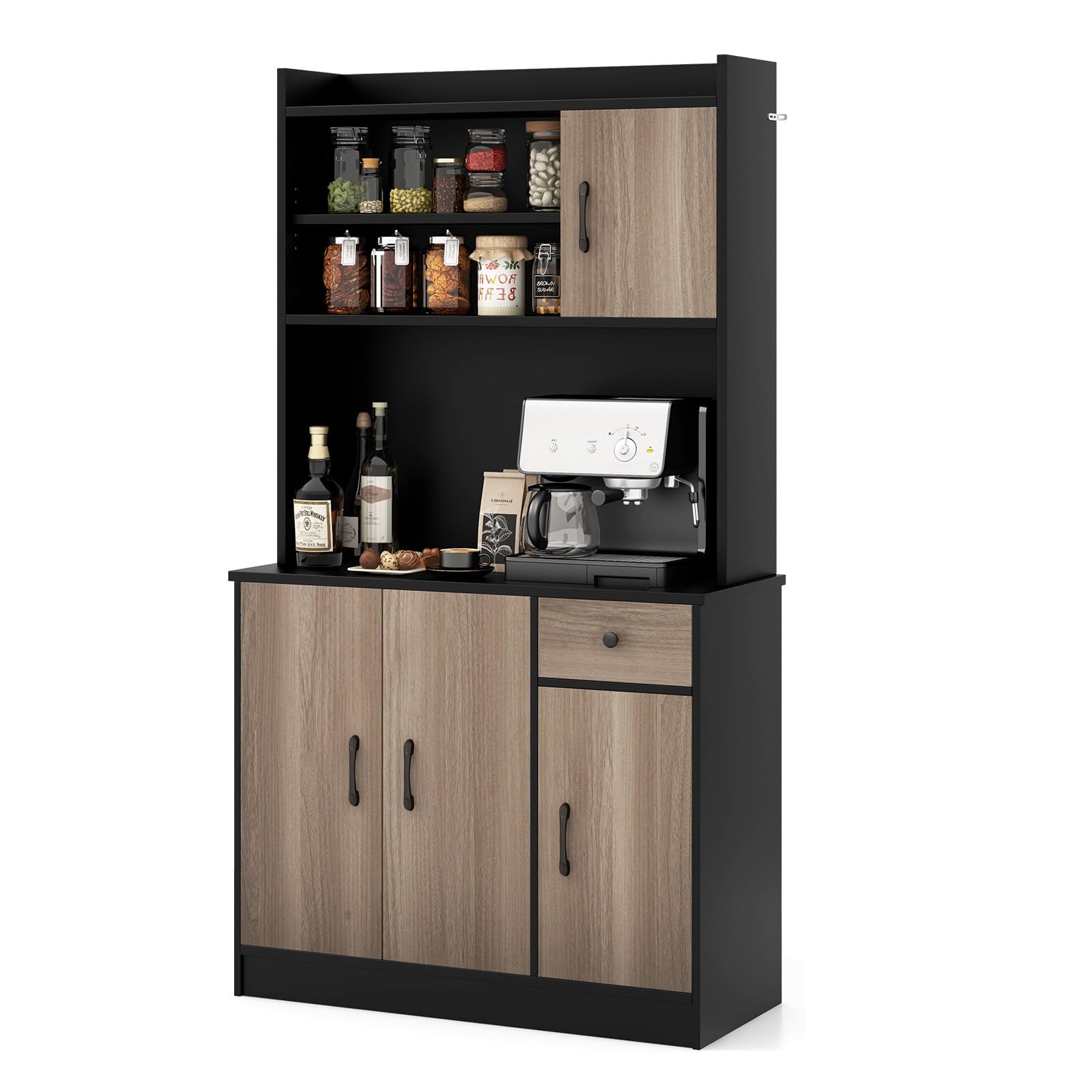 GIANTEX Alacena de Cocina con Puertas y Cajón, 100 x 40 x 180 cm, Aparador Buffet de Madera con 4 Estantes Ajustables, Armario de Almacenamiento para Cocina, Comedor (Negro+Roble)