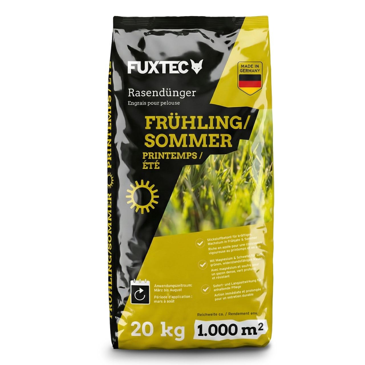 FUXTEC Rasendünger Frühling/Sommer FX-RDFS20, stickstoffbetonter Rasendünger für gleichmäßiges Wachstum, 20 kg Granulat für ca. 1000 m², langanhaltende Nährstoffversorgung