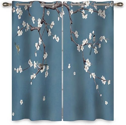 Miniatura 2 de Cortinas de oscurecimiento de estilo chino para dormitorio, 2 paneles de cortinas de arte de flor de cerezo, ciruela, juego de cortinas opacas de 63