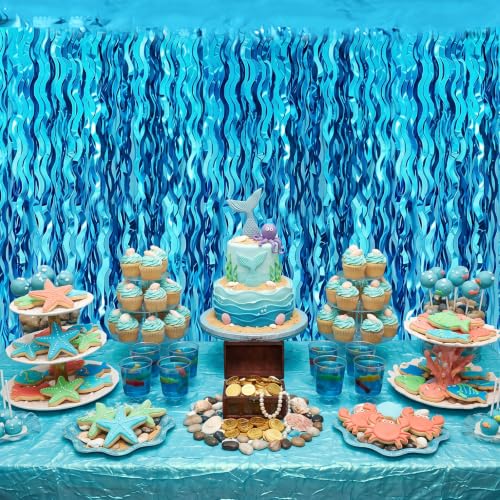 Image of TONIFUL Teal Blue Wavy Foil Fringe Curtains 2 Packs 3.3 x 6.6 ft Metallic Tinsel Door Streamers Backdrop for Baby Shower Bachelorette Beach Themed Birthday Ocean Under The Sea Party Decorations