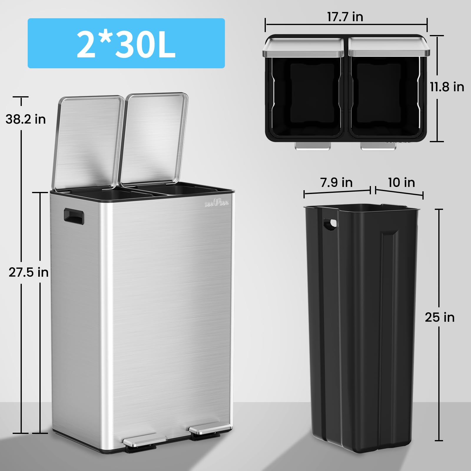 mVm Poubelle de Cuisine,2 x 30 Litres,2 Seaux Amovibles,Acier Inoxydable,2 Compartiments, Poubelle Recyclage Rectangulaire à Pédales, Couvercle à Fermeture Douce, Hermétique,Argent