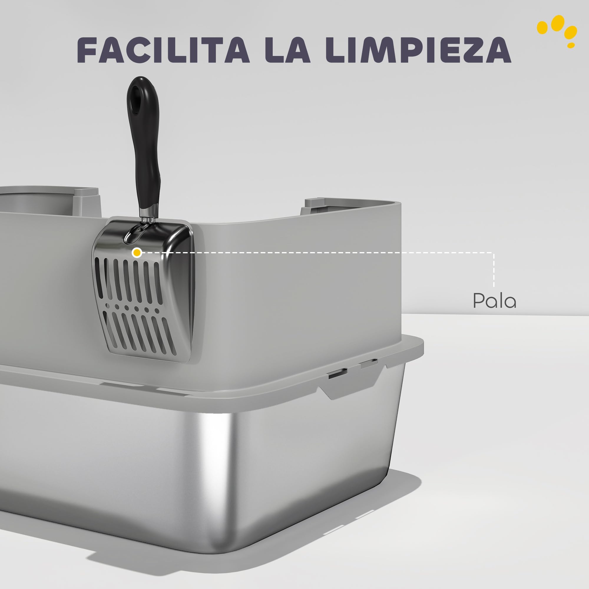 PawHut Arenero para Gatos de Acero Inoxidable XL Pala 60x40x29,5 cm Gris | Caja de Arena para Gatos Arenero, con Borde Alto, Fácil de Limpiar, Prueba de Fugas