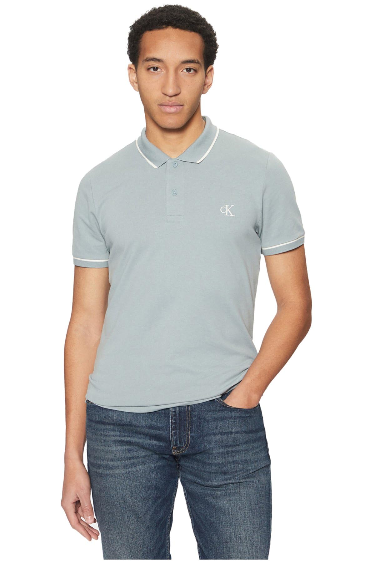 Calvin Klein Men’s Tipping Slim Fit Short Sleeve Polo Shirt with Stretch, Blue (Lead), L