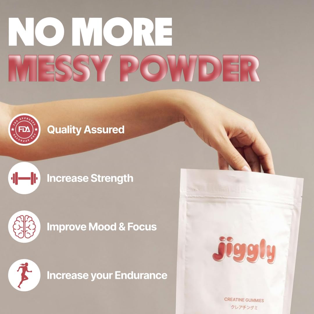 Jiggly Creatine Monohydrate Gummies for Men & Women, Boost Focus, Strength, and Endurance, Anti-Melting Formula, Vegan, Gluten-Free, Non-GMO, 5g of Creatine per Serving (Natural Strawberry, 90 ct)