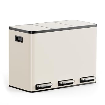 VonHaus Kitchen Bin, 45L Cream Triple Recycling Bin for Kitchen, Three Section Food Waste Separation System with Non-Slip Base & Removable Inner-Compartments, Airtight Trash Can, 3 x 15L