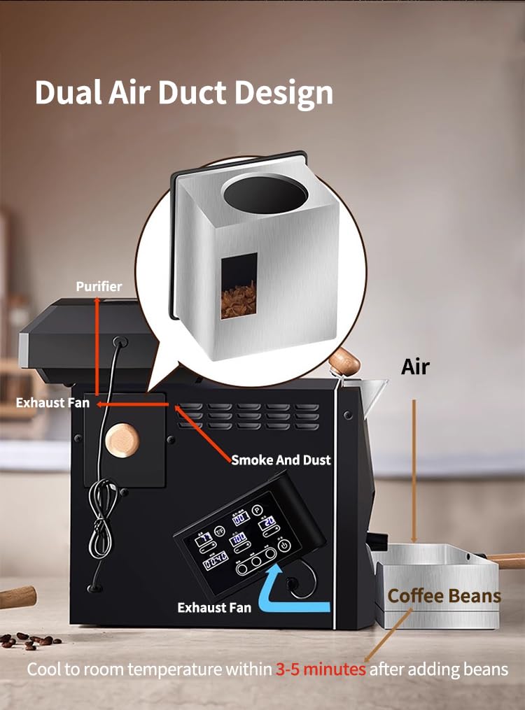 200g Kaffeeröster, Kaffeebohnenröster mit 9 voreingestellten Kurven, mit Bohnenschale & Rauchfilter, für den Heimgebrauch oder das Büro