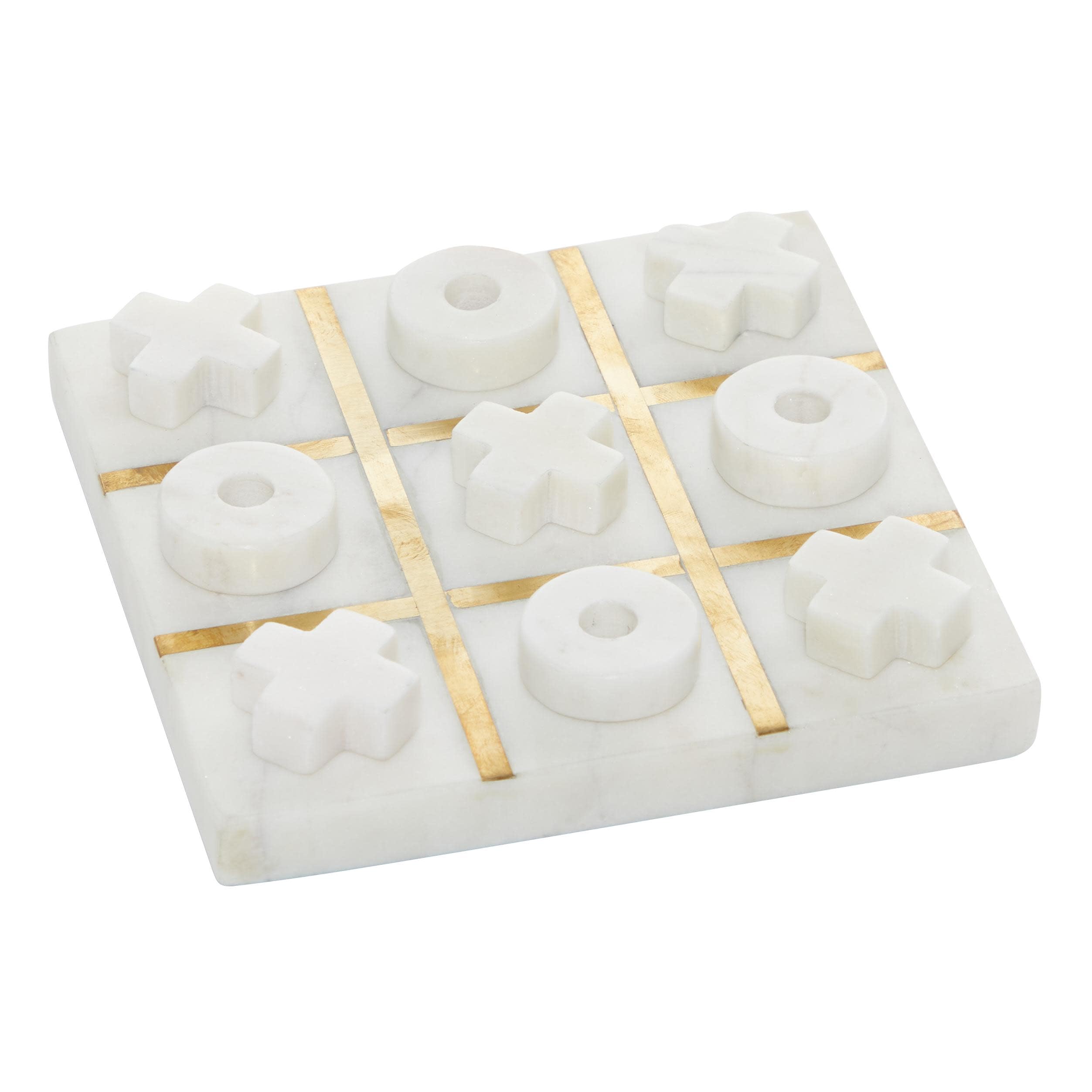 Deco 79 Marble Tic Tac Toe Game Set with Gold Inlay, 6" x 6" x 1", White