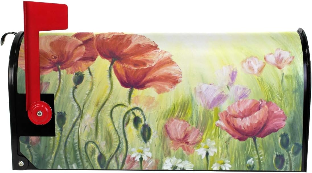 WOOR Poppies Flowers Magnetic Magnetic Mailbox Cover Standard Size for Garden Yard Outdoor Decorations-18 x 20.8"