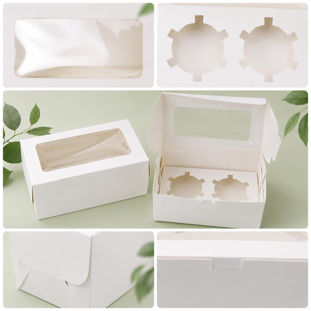 Pralb Paquete de 50 cajas de papel blanco para cupcakes con ventana de PVC y dos soportes para golosinas, caja de repostería y galletas, recipientes para cupcakes, caja de pasteles de panadería, caja